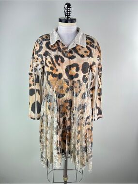 💚 3543. Leopard Print Button-Front Jacket Dress with Lace Overlay - Beige, Black